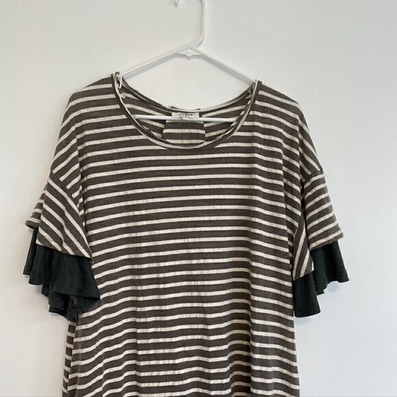 UMGEE Gray Cream Ivory Striped Short Sleeve Cotton Mini T-Shirt Dress / Tunic L - Picture 2 of 14
